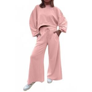 NEW AAPPARELLA crewneck terry top with wide leg raw edge bottoms set in baby pin